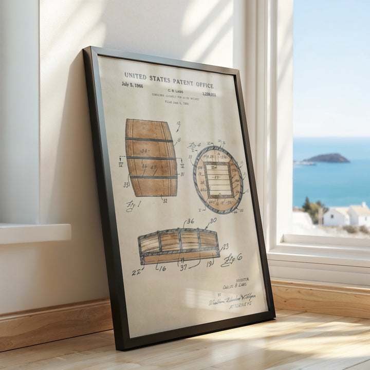 a drawing of a barrel sitting on top of a wooden floor