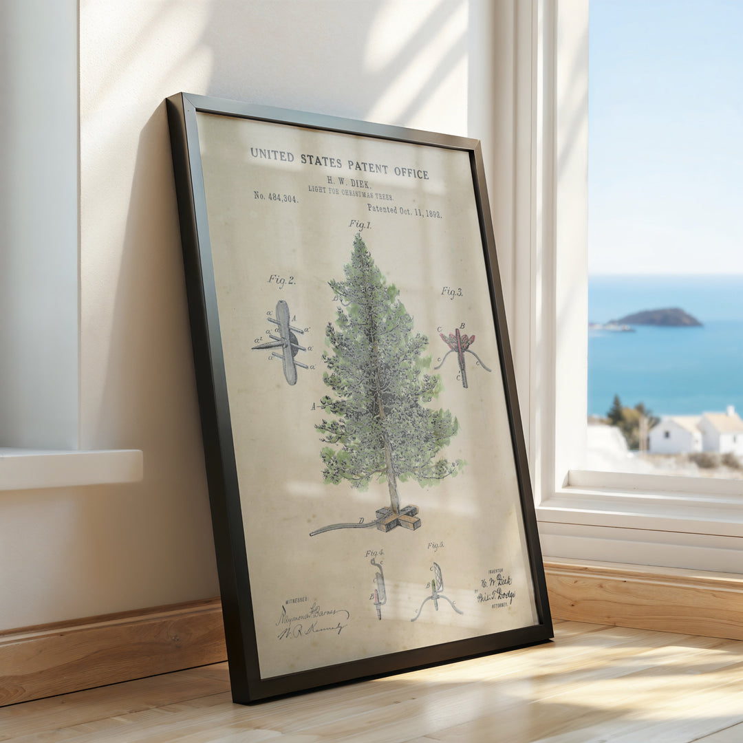 a framed picture of a tree on a window sill