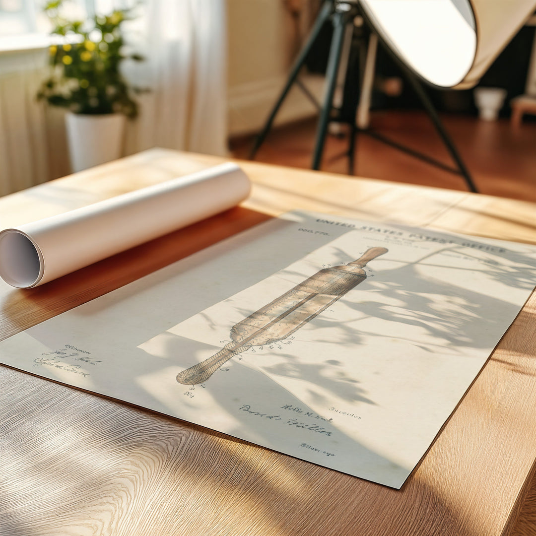 a roll of paper sitting on top of a wooden table