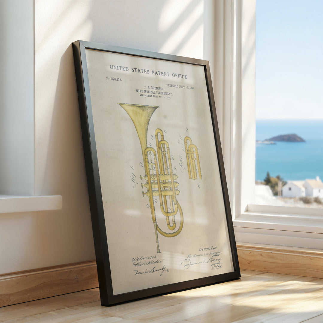 a picture of a trumpet on a window sill