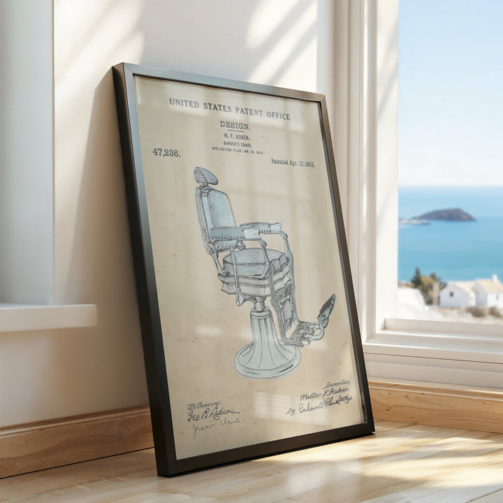 a framed drawing of a barber chair next to a window