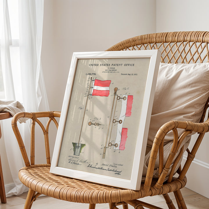 a wicker chair with a picture frame on top of it