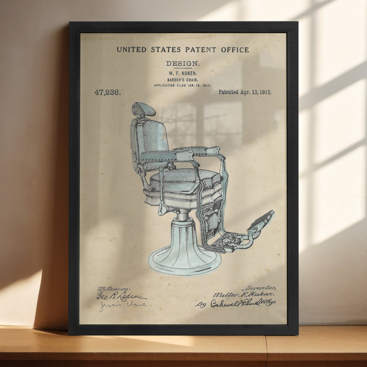 a framed poster of a barber chair