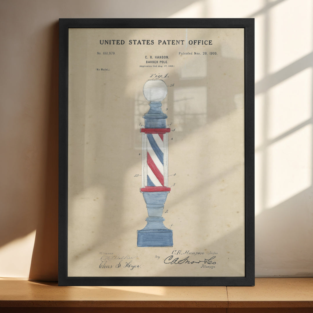 a framed picture of a barber pole