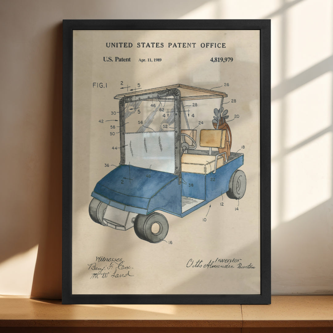 a drawing of a golf cart on a shelf