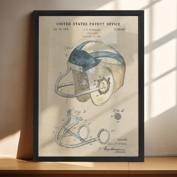 a drawing of a football helmet on a shelf