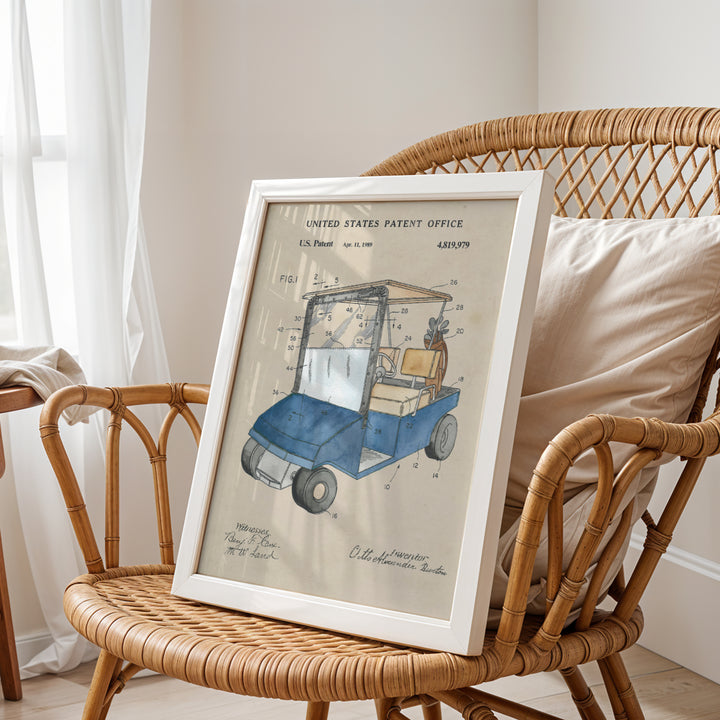 a picture of a blue car on a wicker chair