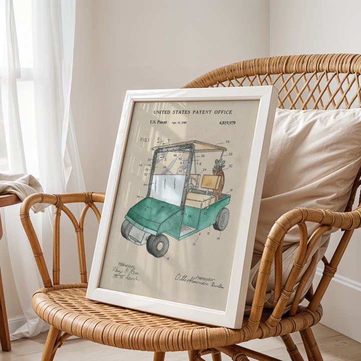 a picture of a green golf cart on a wicker chair