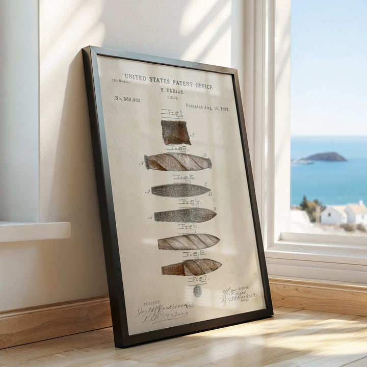 a framed picture of a variety of surfboards on a window sill