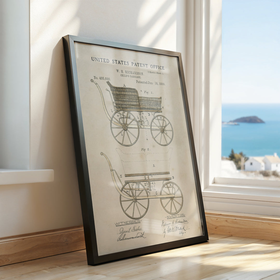 a picture frame with a drawing of a buggy