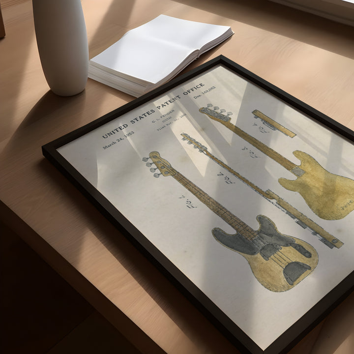 a picture of a guitar and its parts on a table