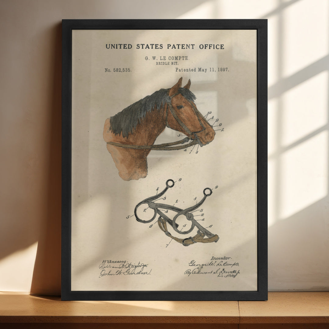 a framed picture of a horse's head and a pair of scissors