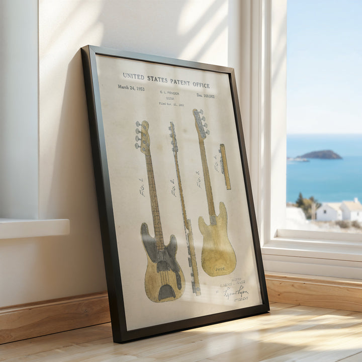 a picture of guitars hanging on a wall next to a window