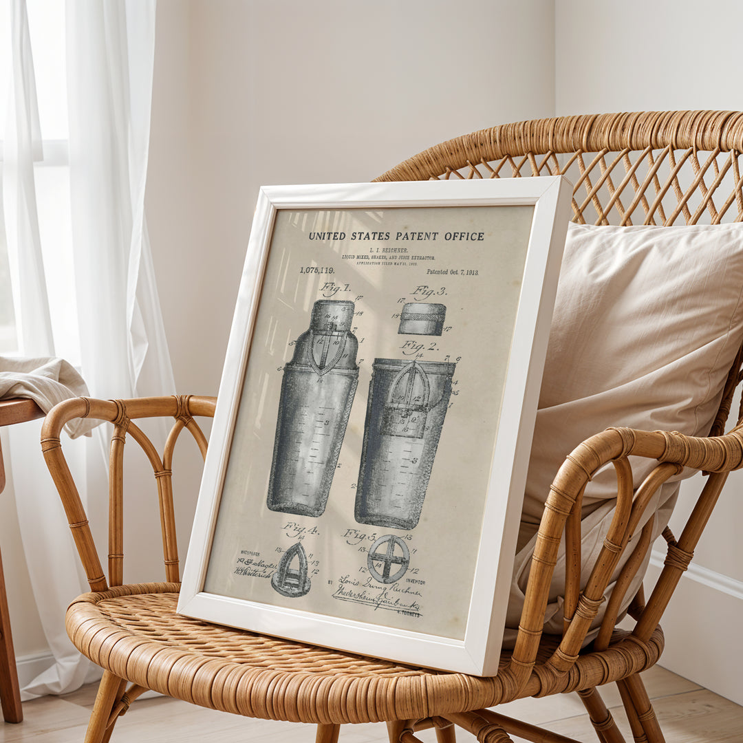 a picture frame sitting on top of a wicker chair