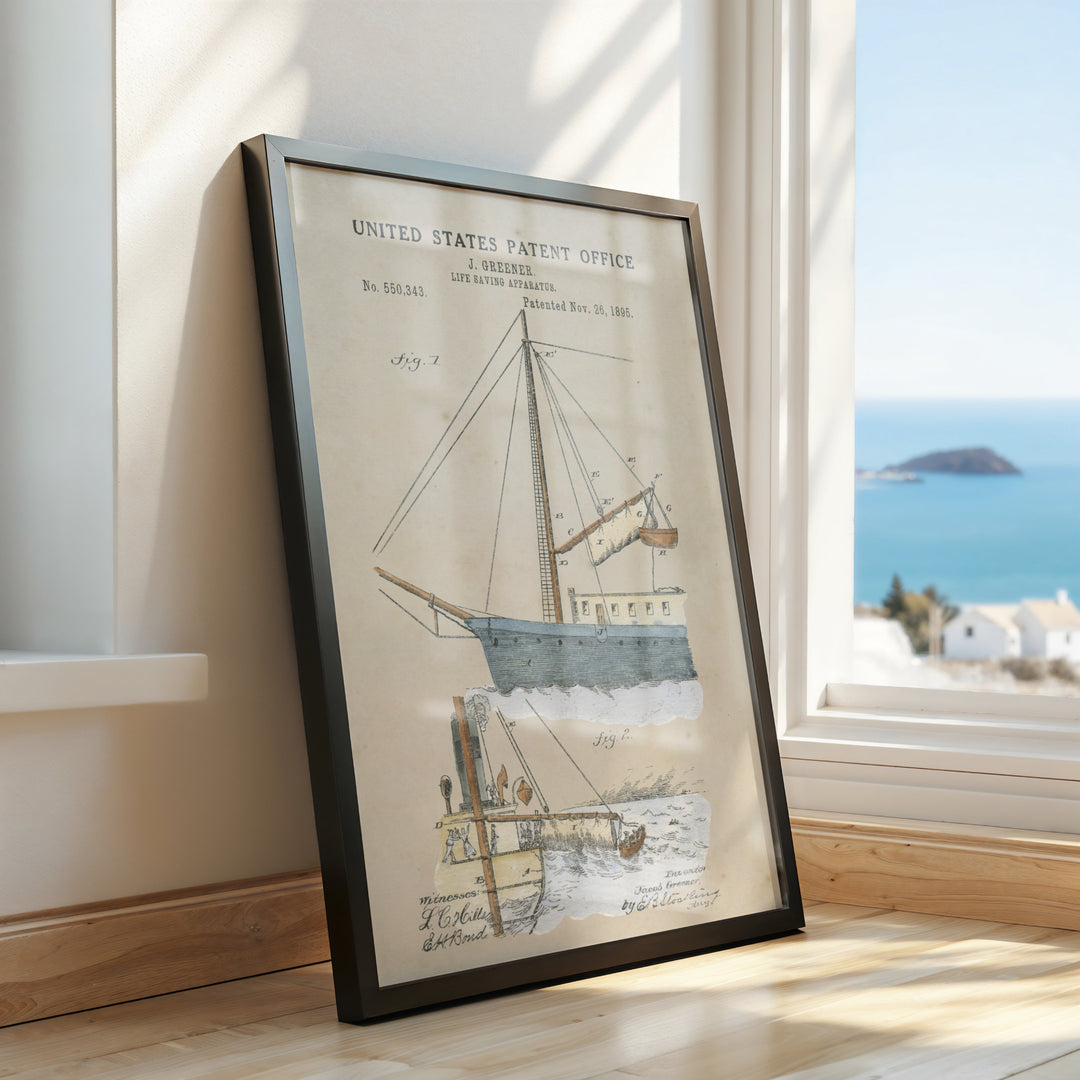 a framed picture of a boat on a window sill