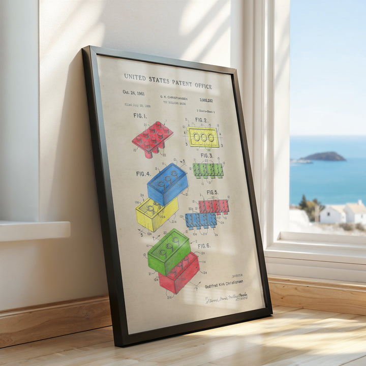 a framed poster with a diagram of different colored blocks