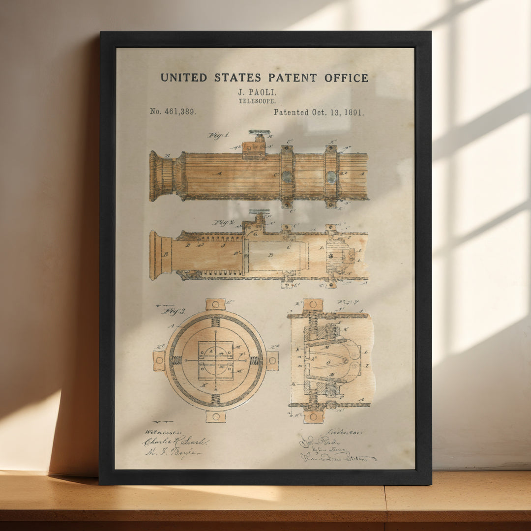 a framed poster of a telescope on a shelf