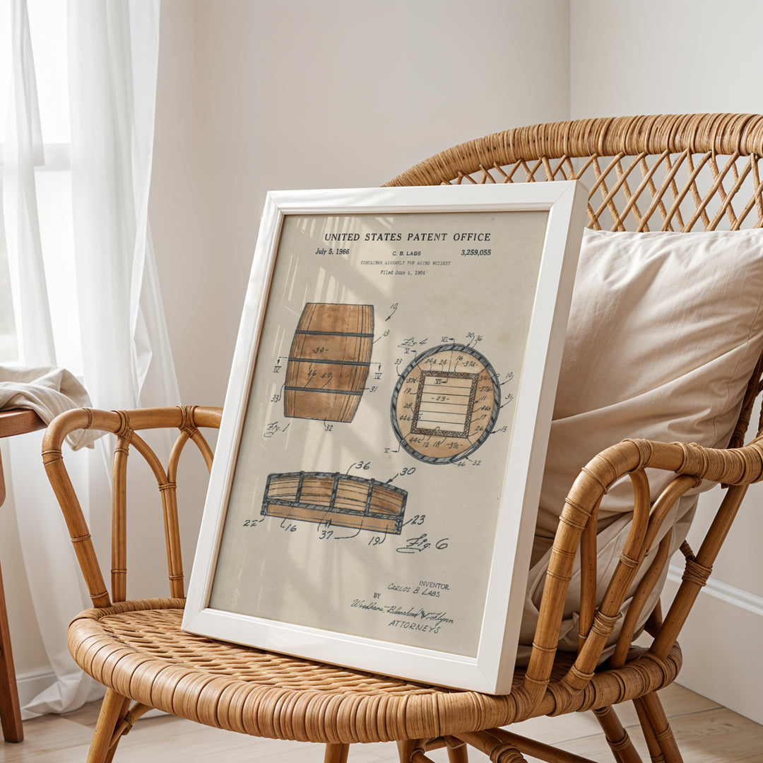 a picture frame sitting on top of a wicker chair