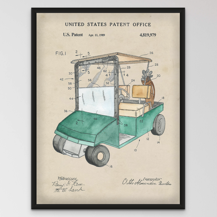 a drawing of a green golf cart