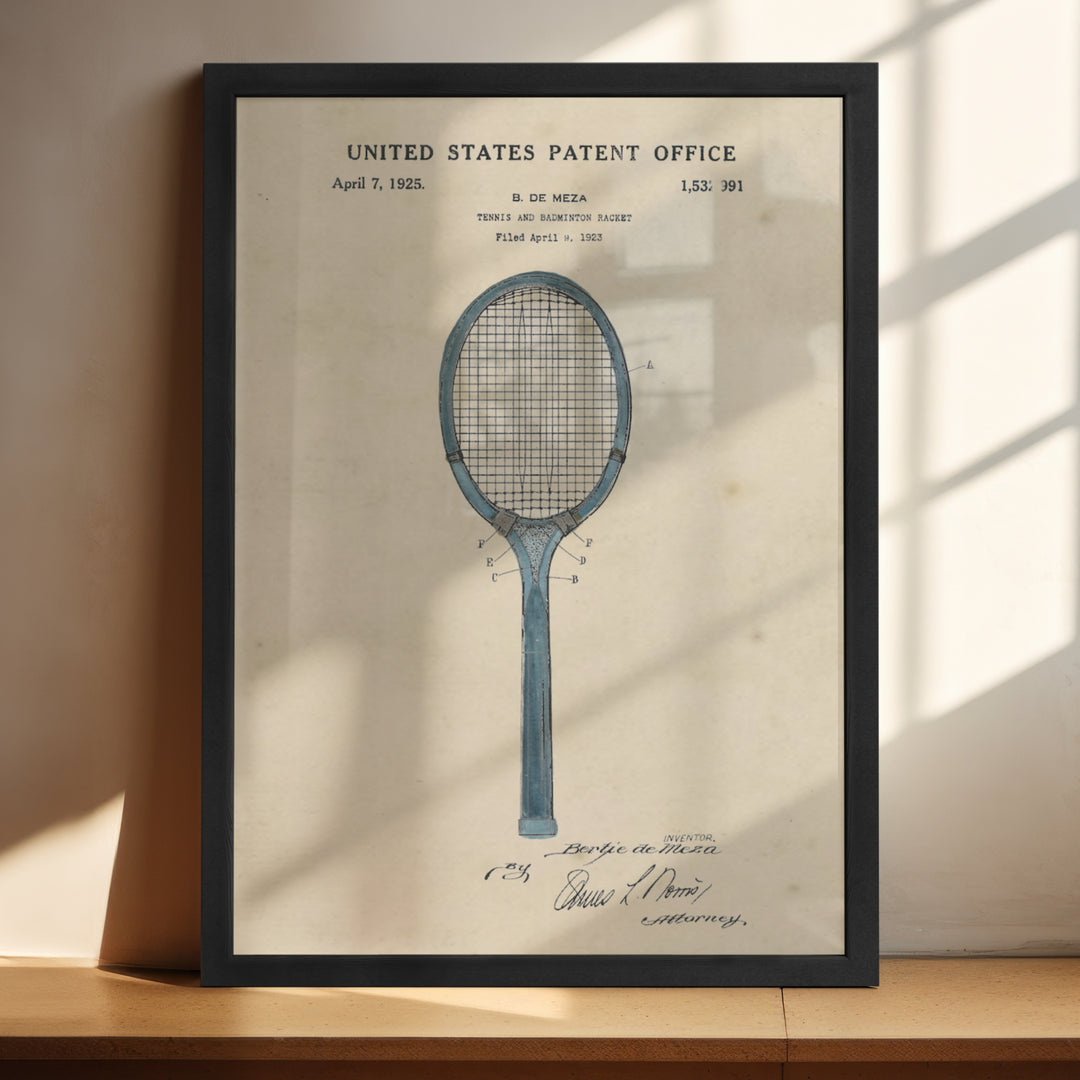 a picture of a tennis racket on a shelf