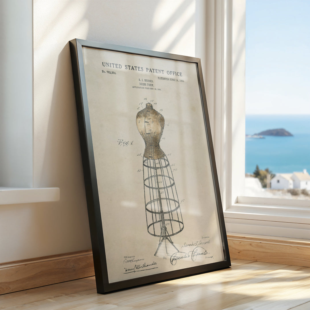 a framed drawing of a mannequin in front of a window