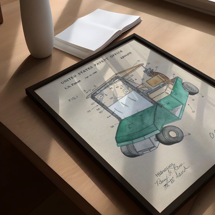 a drawing of a green car on a table