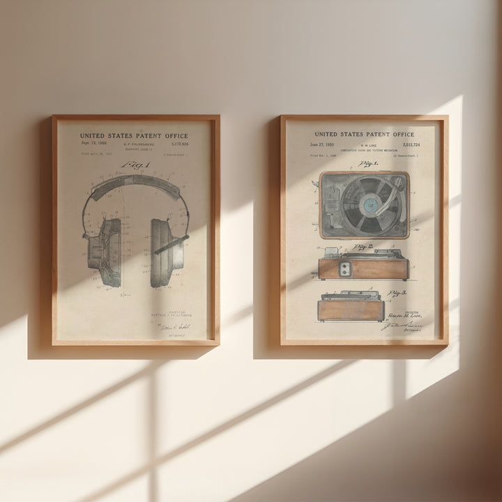 Headphones and Brown Record Player Set