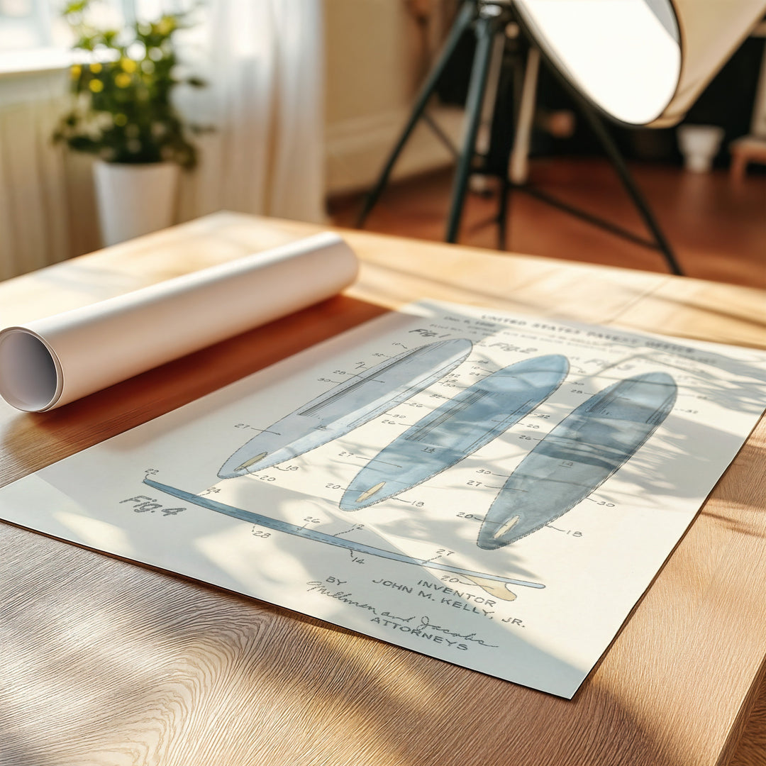 a drawing of a plane on a table next to a roll of paper