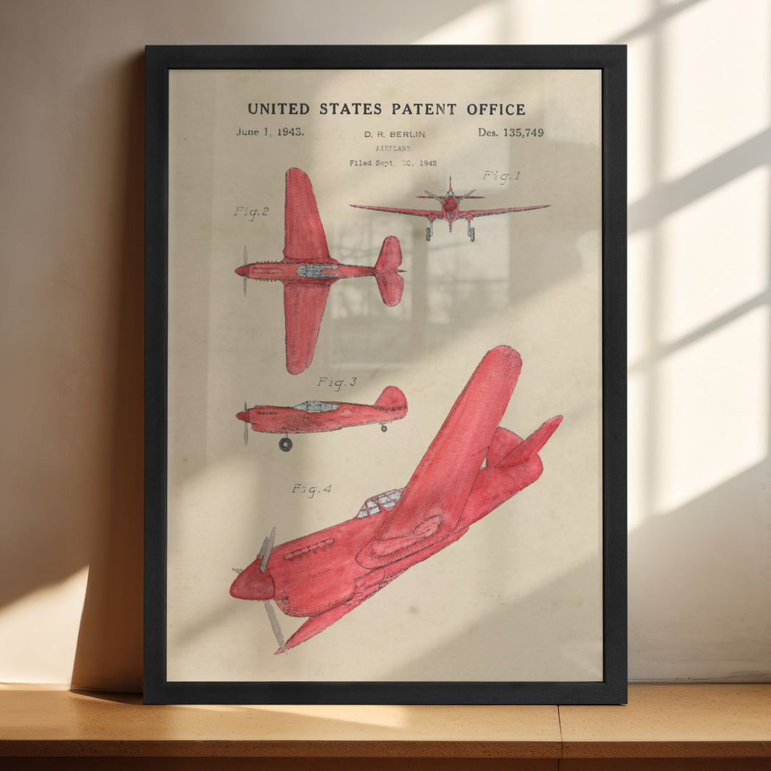 a picture of a red plane on a shelf