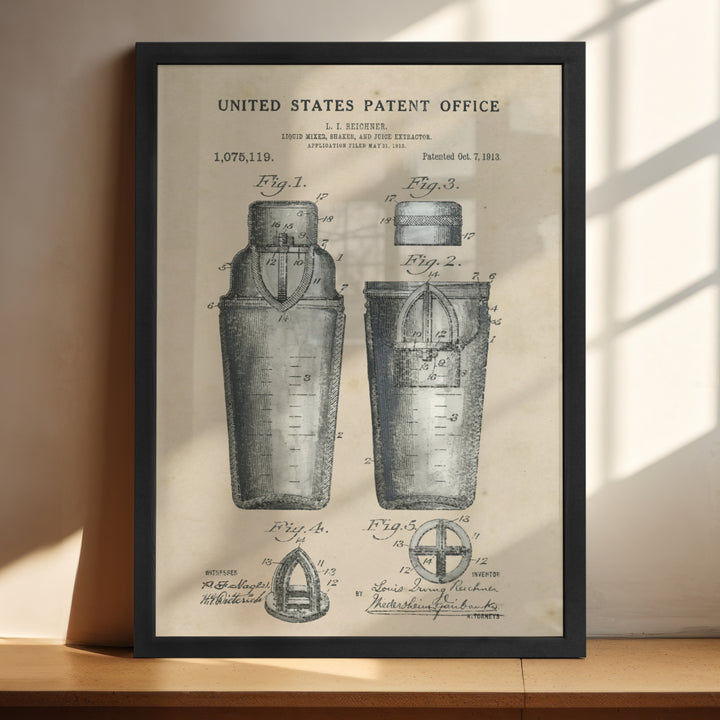 a framed picture of a water bottle and a shaker