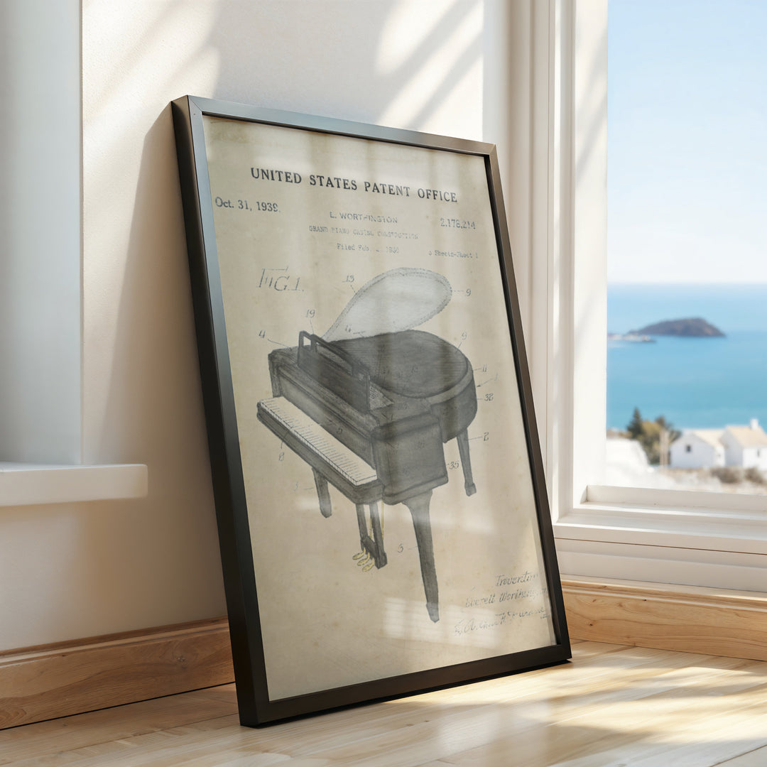 a picture of a piano sitting in front of a window