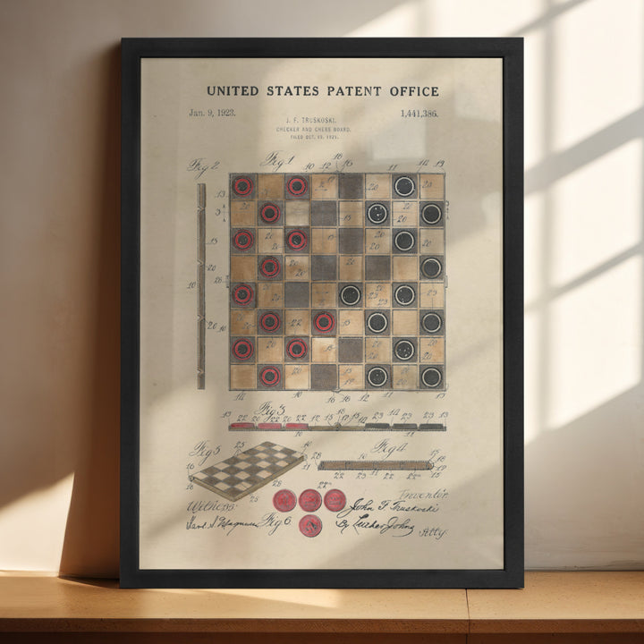 a framed picture of a chess board on a table