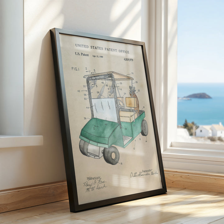 a drawing of a golf cart on a window sill