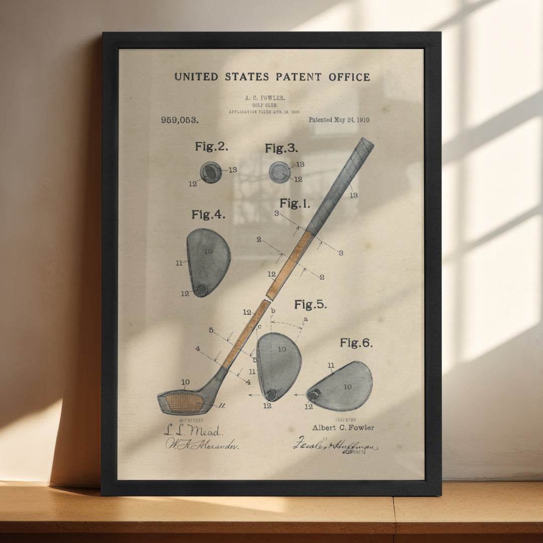 a framed picture of a golf club and putter's club