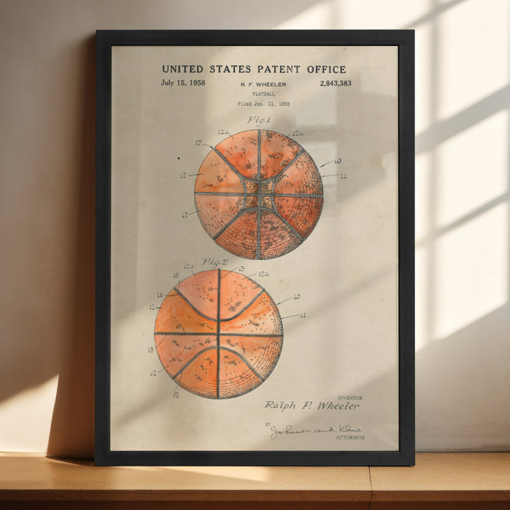 a framed picture of three basketballs on a shelf