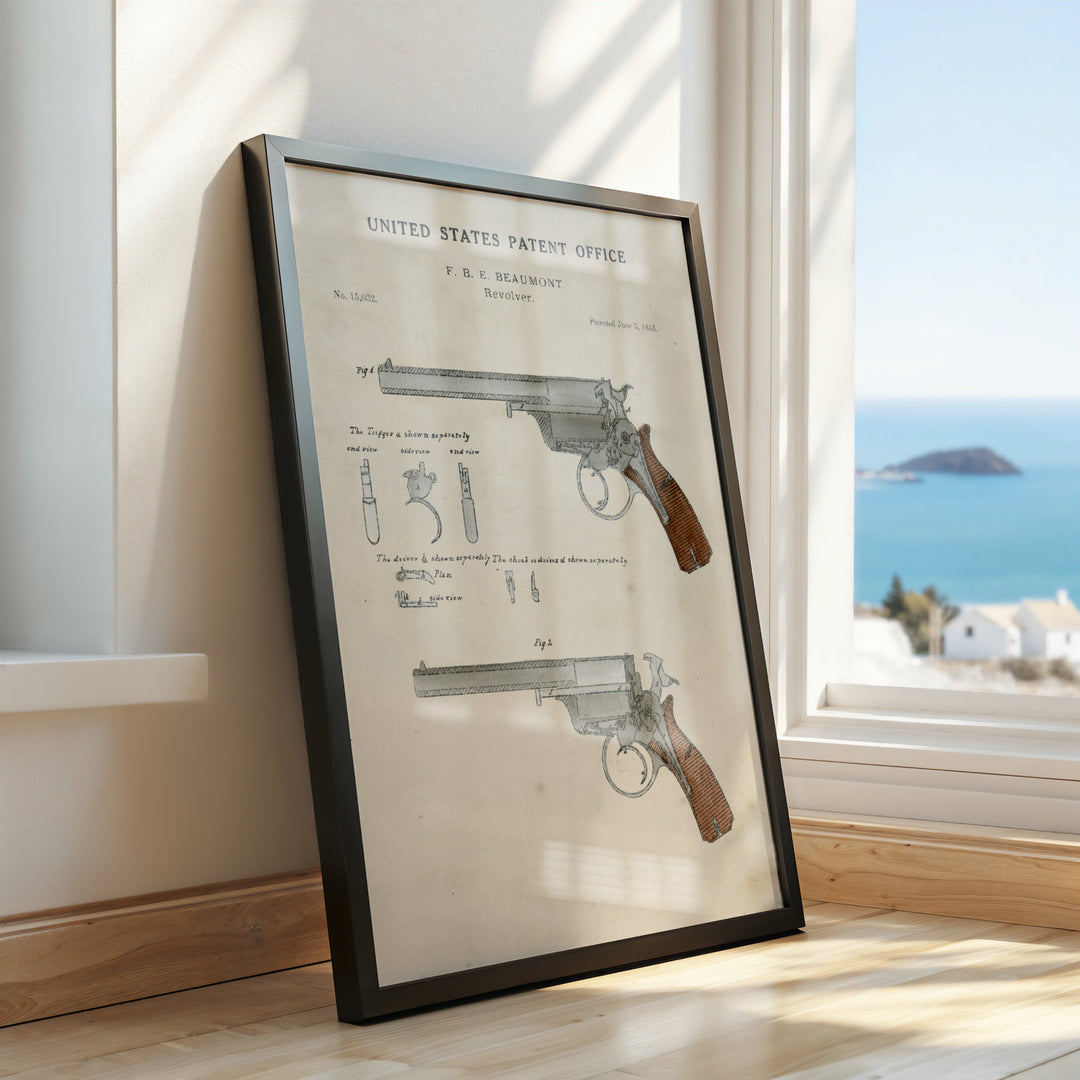 a picture of a gun on a table next to a window