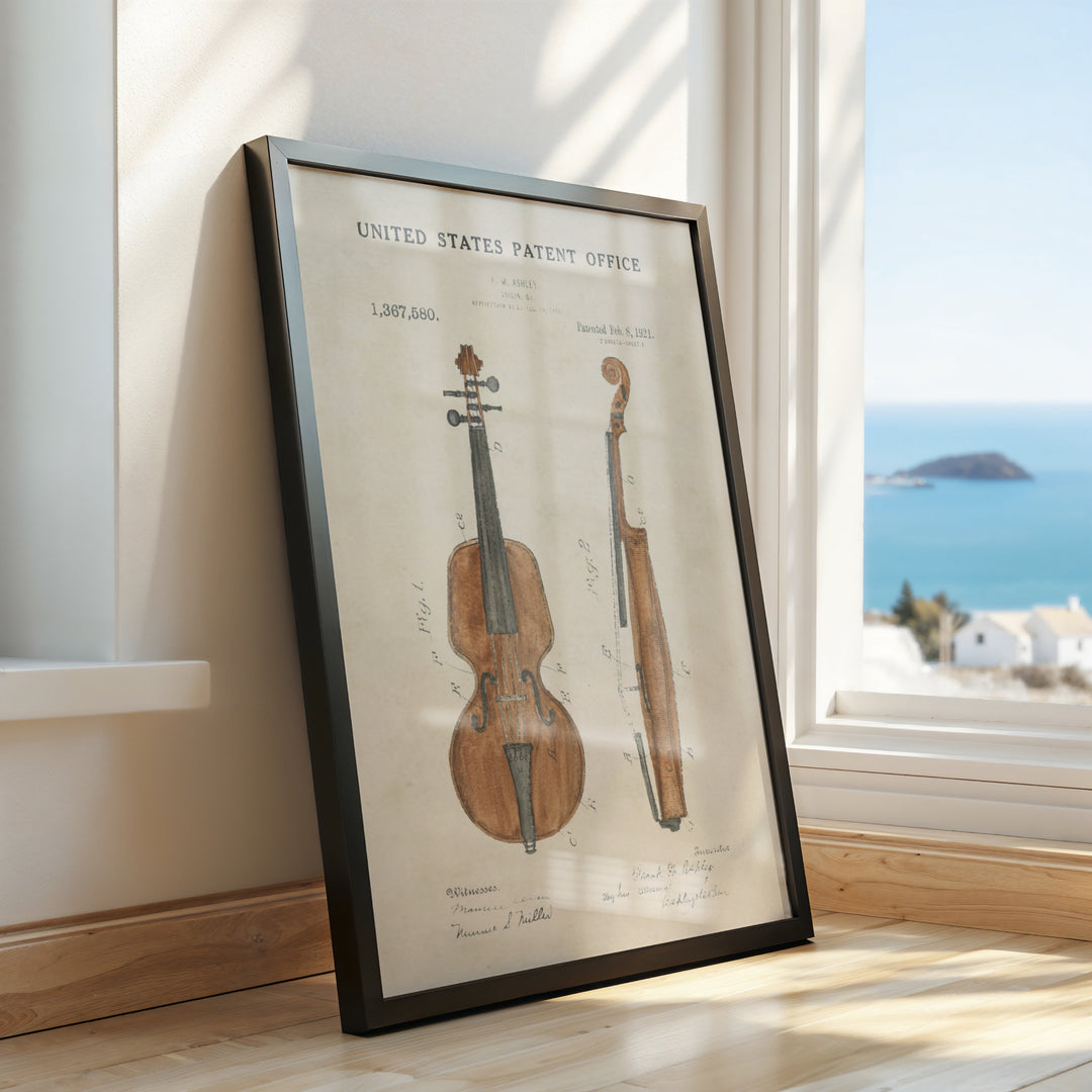 a picture of a violin on a window sill