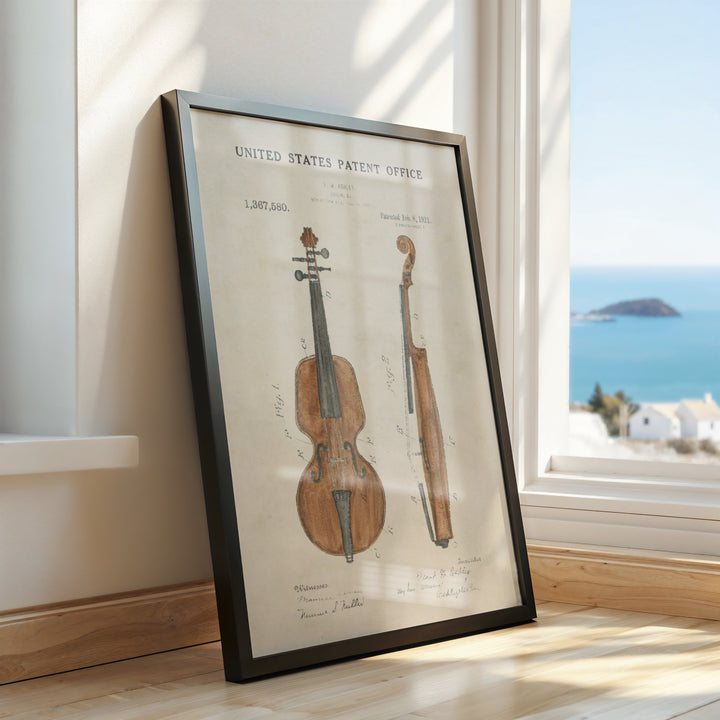 a picture of a violin on a window sill