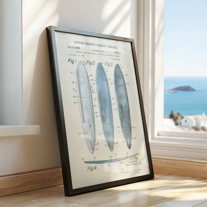 a framed picture of a surfboard on a window sill