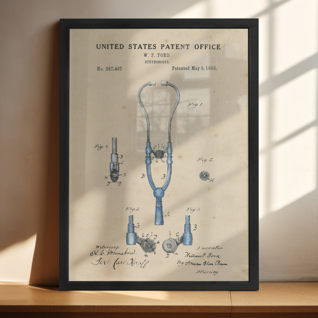 a framed blueprint of a medical device