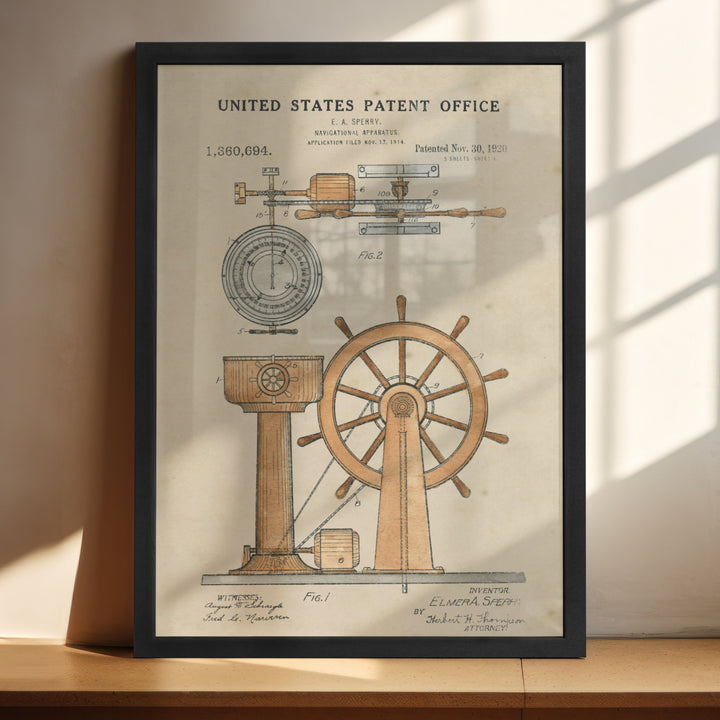 a framed poster of a spinning wheel