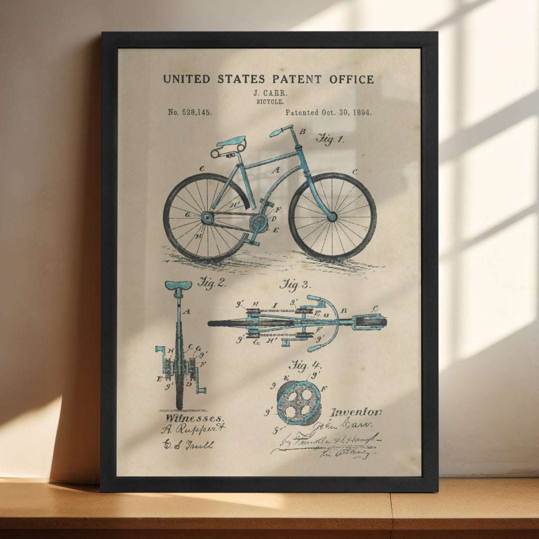 a framed poster of a bicycle on a shelf