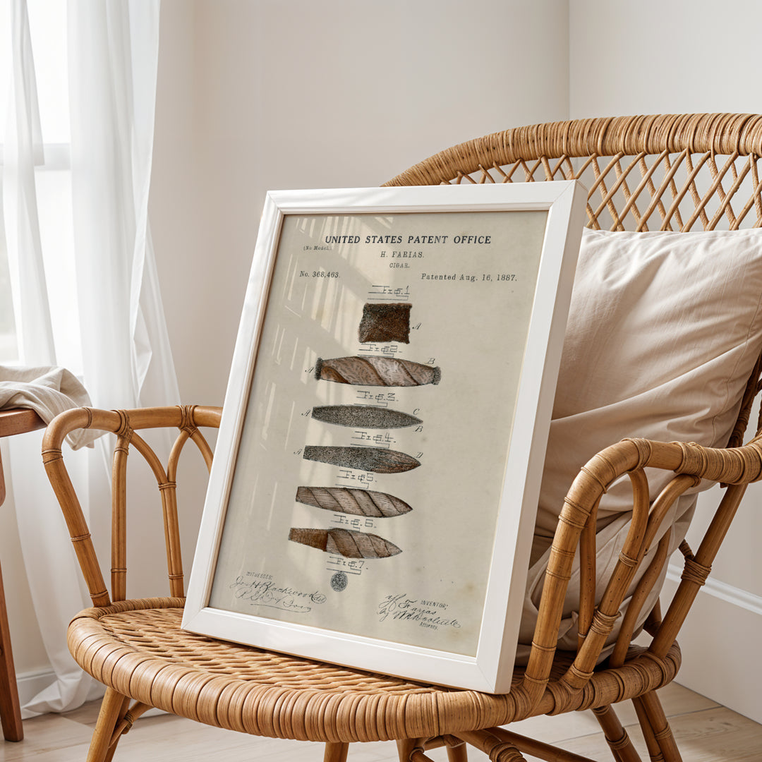 a wicker chair with a picture frame on top of it