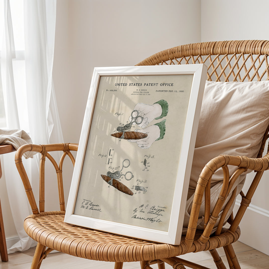 a picture frame sitting on a wicker chair next to a window