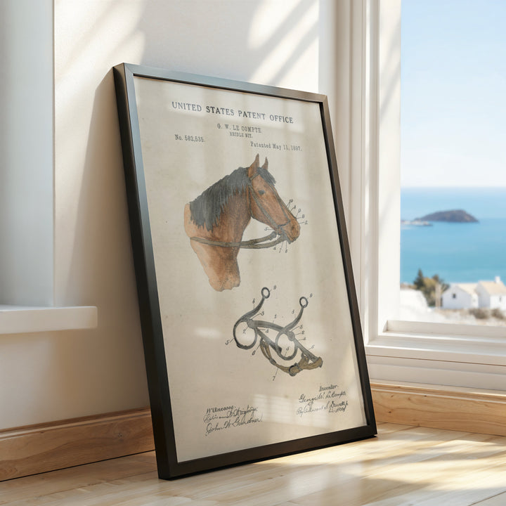 a framed picture of a horse's head and a pair of scissors