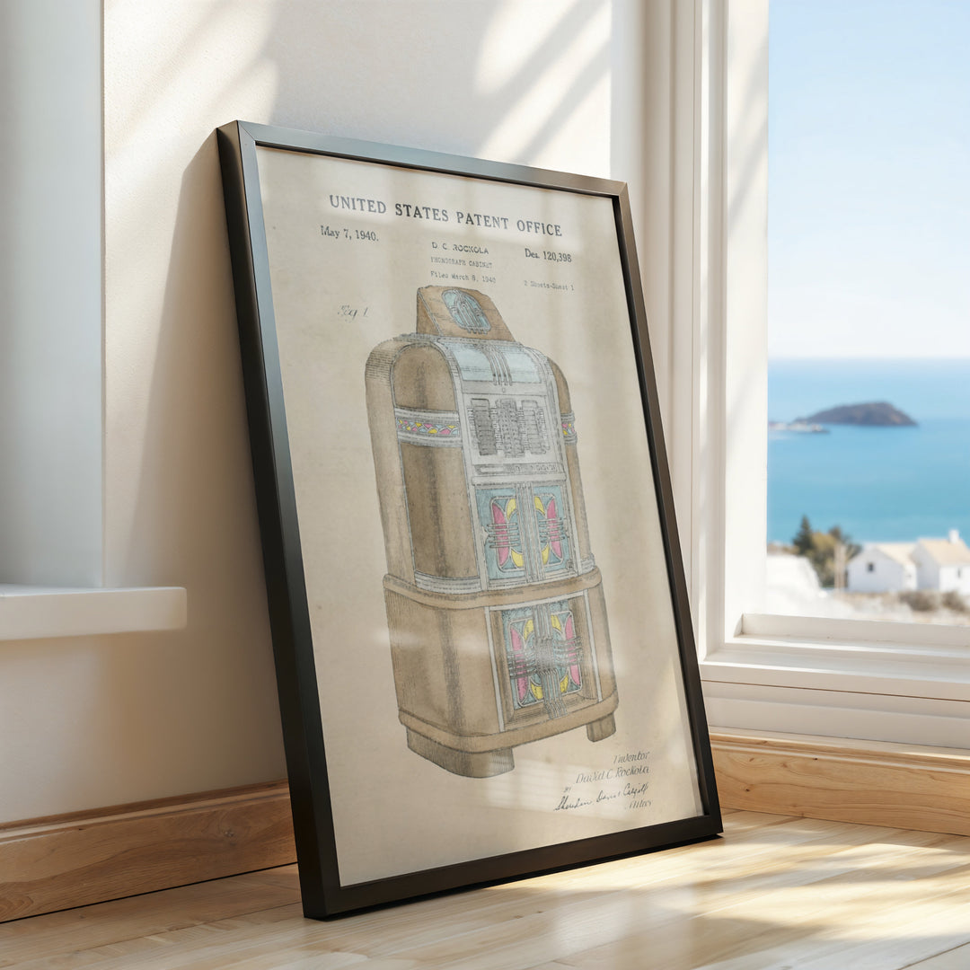 a framed picture of a water heater on a window sill