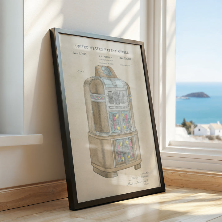 a framed picture of a water heater on a window sill