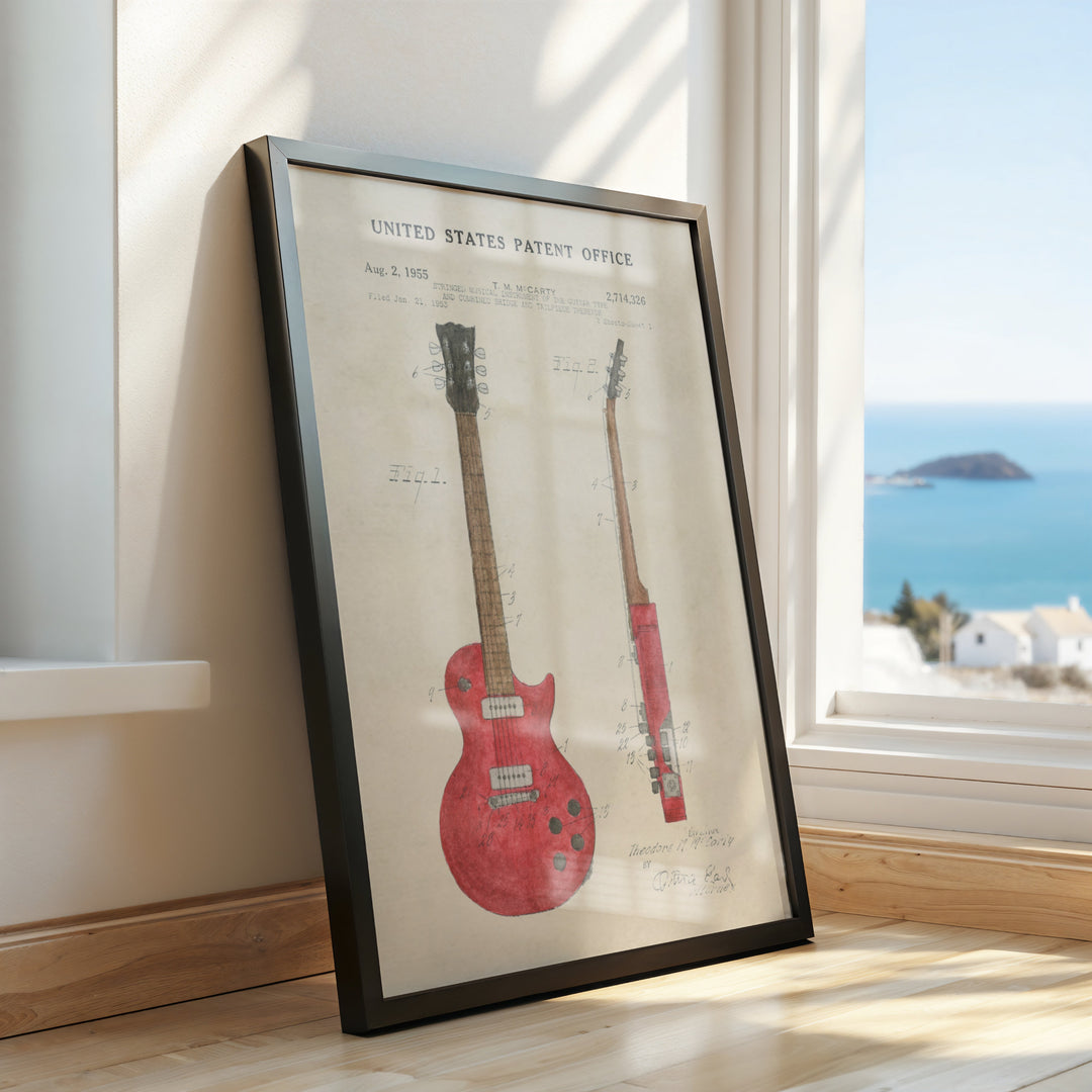 a picture of a red guitar and a red instrument