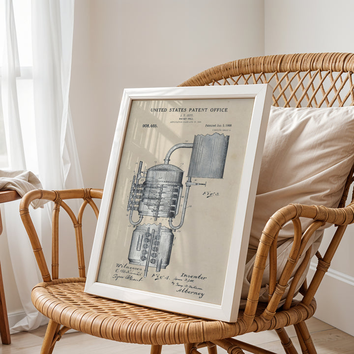 a picture frame sitting on top of a wicker chair