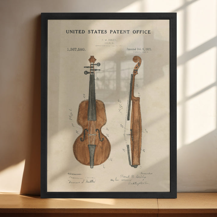 a picture of a violin on a shelf